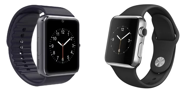 Смарт-гадзіннікі Smart watch G08 коштам $20 (злева) і Apple Watch (справа) па цане ад $300