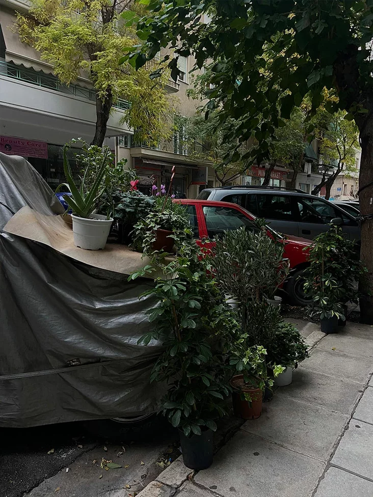 Фота, на якім бачны прыпаркаваныя на абочыне машыне. Адна з іх зачынена цэлафанам, а зверху стаяць вазоны з раслінамі.