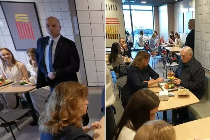 Kadry aficyjnaj chroniki, na&nbsp;jakich možna bačyć dziaŭčat, jakija siadziać za śpinaj Łukašenki padčas vizitu ŭ restaran Mak.by. Minsk, 8 sakavika 2026 hoda. Fota: pres-słužba palityka